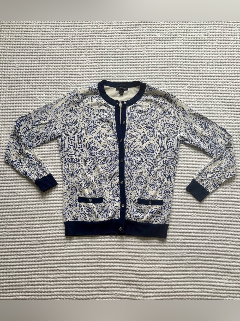 Lands' End Supima Cotton Paisley Print Cardigan Navy Blue White Pockets - M